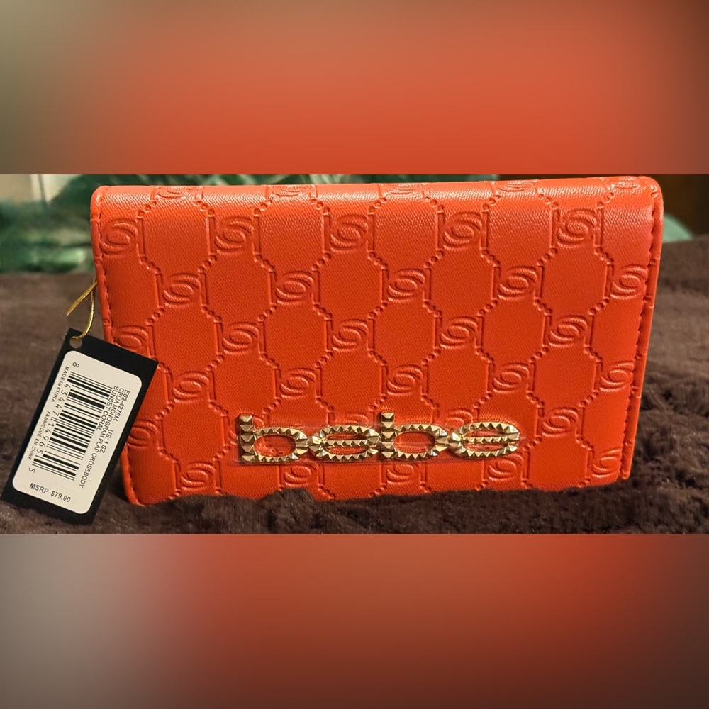 Bebe Embossed Sunset Coral Bag with Gold Accents NWT